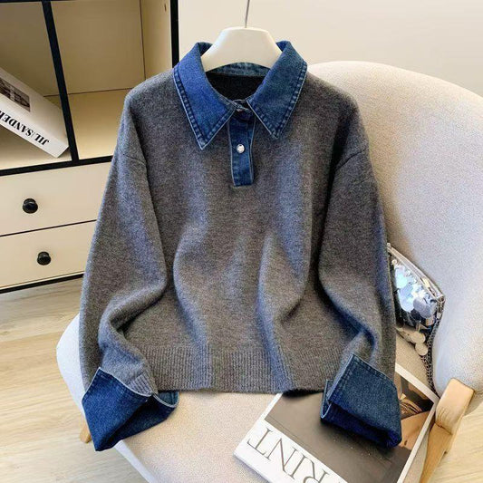 HARPER DENIM COLLAR KNIT SWEATER (Light Grey)