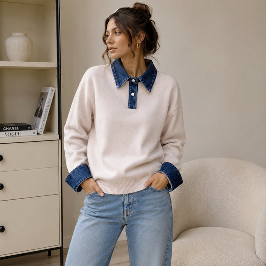 HARPER DENIM COLLAR KNIT SWEATER (NEUTRAL)
