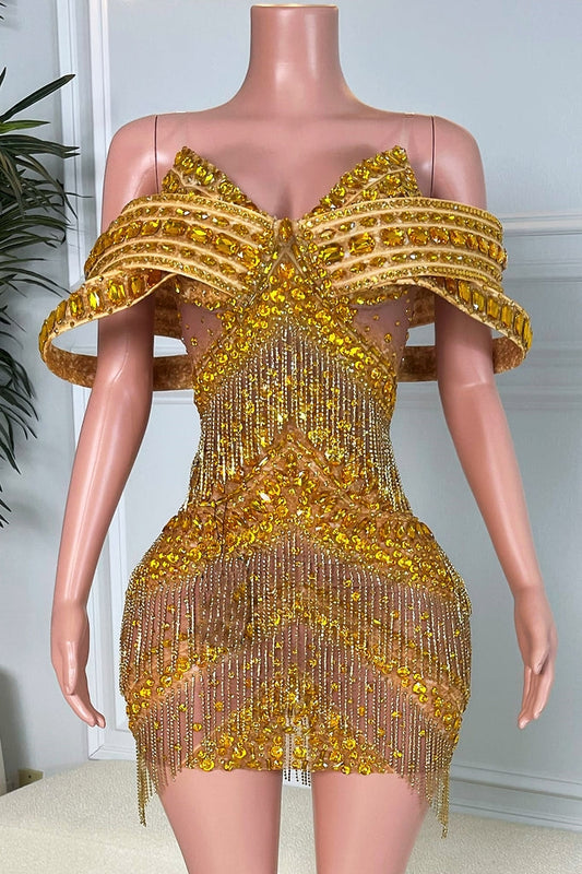 DIVA EXQUISITE RHINESTONE MINI DRESS IN GOLD