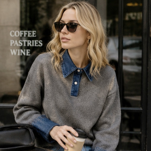 HARPER DENIM COLLAR KNIT SWEATER (GREY)