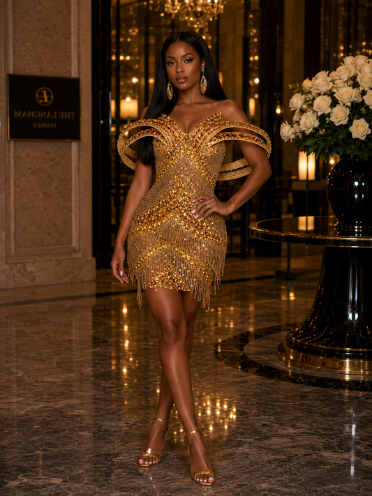 DIVA EXQUISITE RHINESTONE MINI DRESS IN GOLD