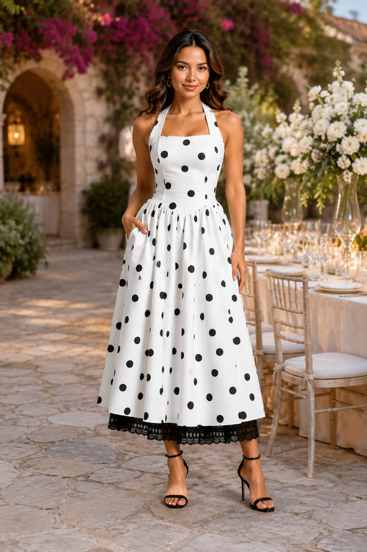 MONROE NOIR POLKA HALTER DRESS