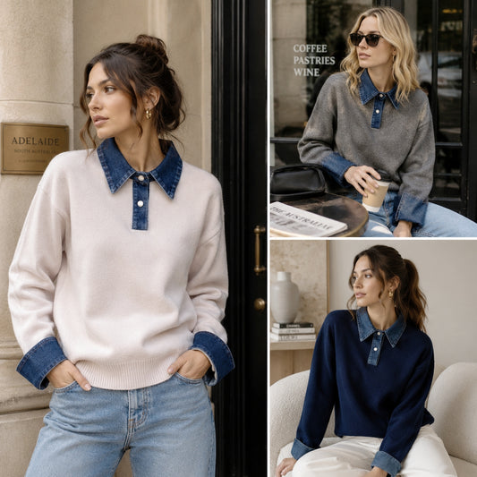 HARPER DENIM COLLAR KNIT SWEATER (GREY)