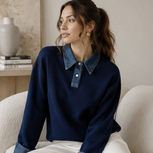 HARPER DENIM COLLAR KNIT SWEATER (NAVY)