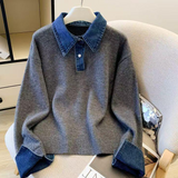 HARPER DENIM COLLAR KNIT SWEATER (Light Grey)