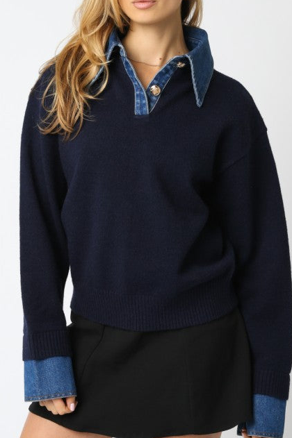 HARPER DENIM COLLAR KNIT SWEATER (NAVY)
