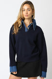 HARPER DENIM COLLAR KNIT SWEATER (Navy)