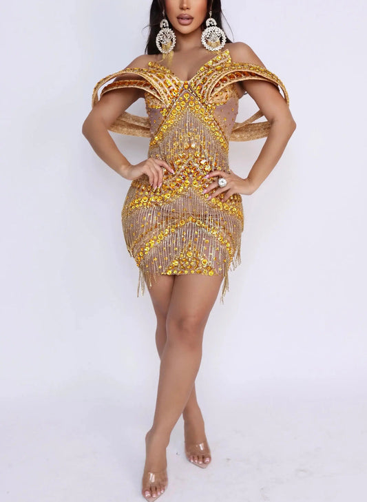 DIVA EXQUISITE RHINESTONE MINI DRESS IN GOLD