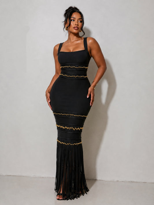SOLARA TASSEL BANDAGE GOWN IN BLACK
