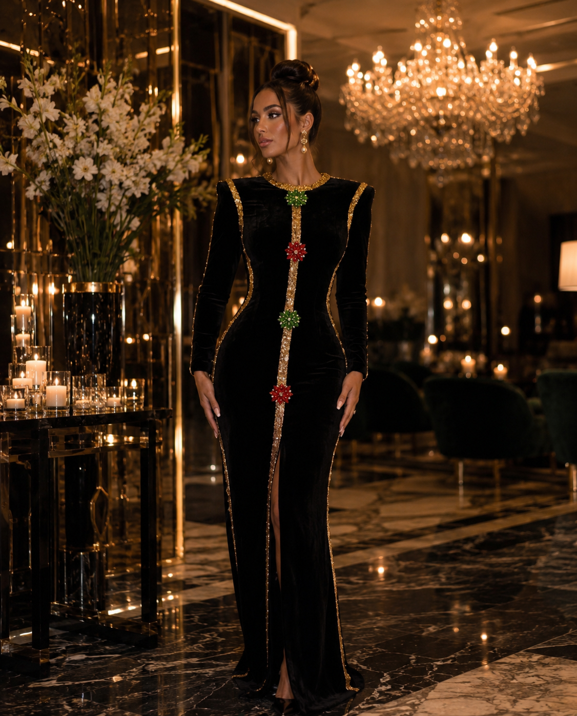 KEKE EMBELLISHED VELVET MAXI DRESS
