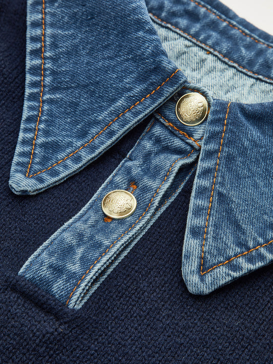 HARPER DENIM COLLAR KNIT SWEATER (Navy)