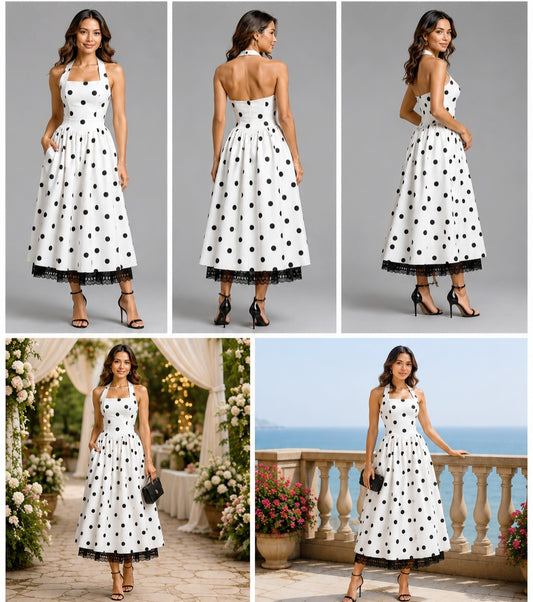 MONROE NOIR POLKA HALTER DRESS