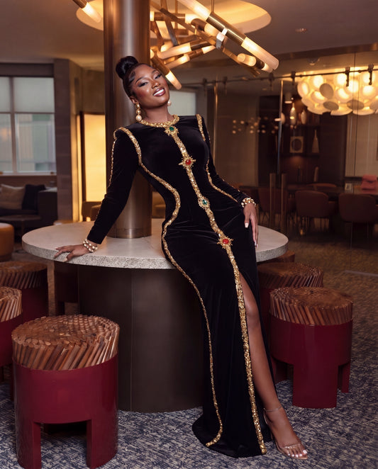 KEKE EMBELLISHED VELVET MAXI DRESS