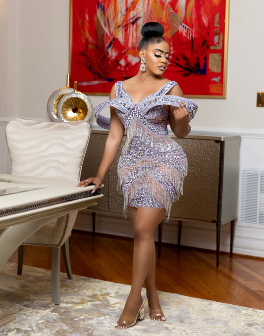 DIVA EXQUISITE RHINESTONE MINI DRESS IN LAVENDER/SILVER