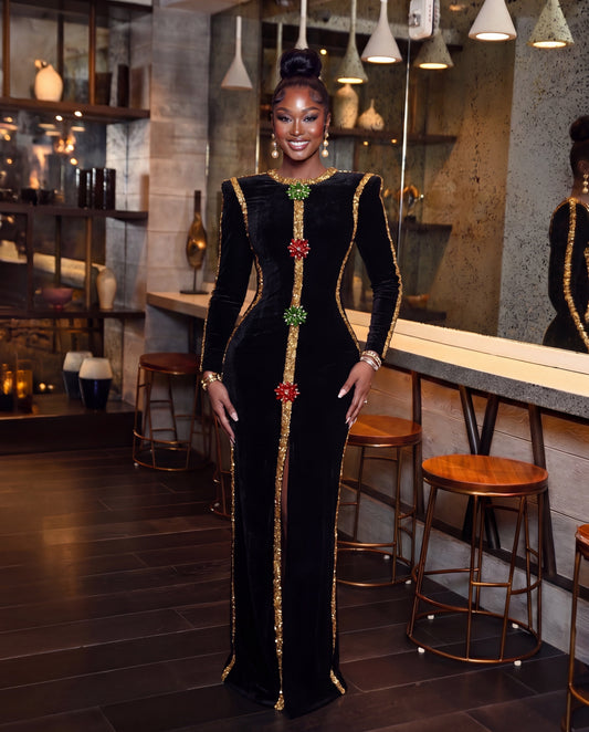 KEKE EMBELLISHED VELVET MAXI DRESS