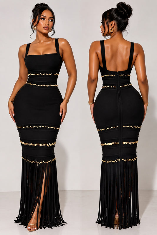 SOLARA TASSEL BANDAGE GOWN IN BLACK