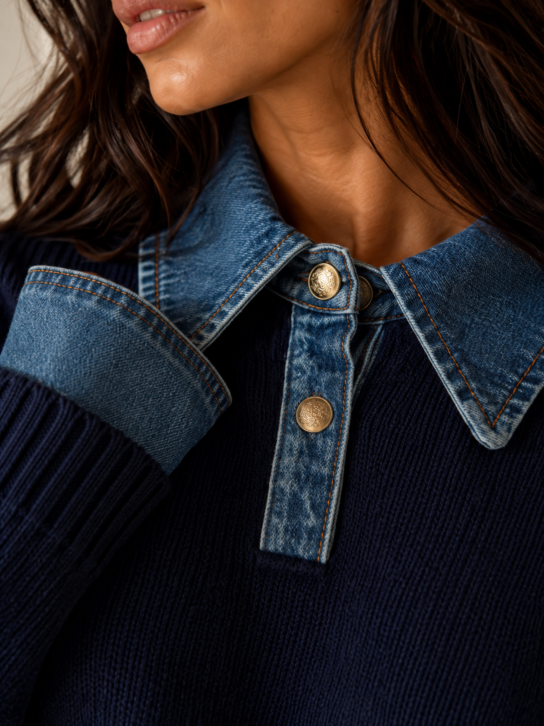 HARPER DENIM COLLAR KNIT SWEATER (Navy)