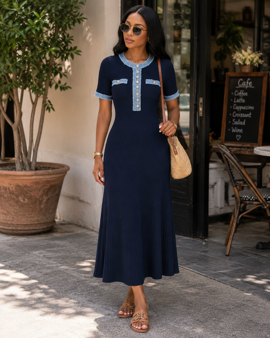 SHENAIE KNITTED DRESS IN BLUE/BLACK